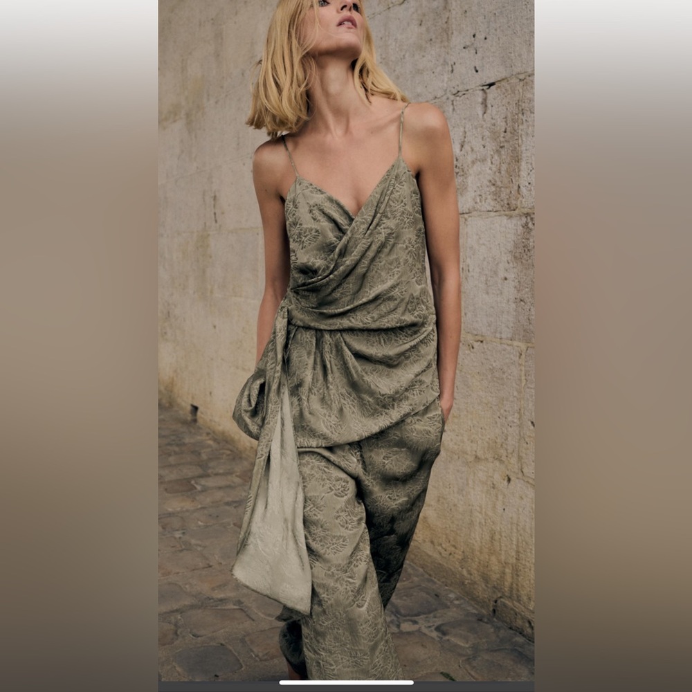 Zara ZW Tied Jacquard Flowy Harem Pant Khaki NWT Sz S